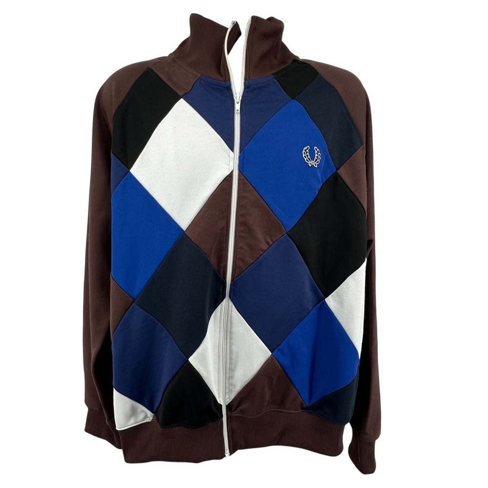 Fred Perry Track Jacket Argyle Streetwear Retro Vintage Indie Mod Men XL Brown